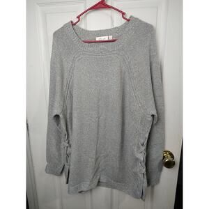 RD Style Woman's 2X Sweater Grey Heathered Tunic Side Laceup Round Hem